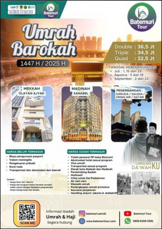 Paket Umroh Barokah Awal Musim 1447 H/2025M,  HudayaSafari - BTT, 9 hari, Keberangkatan 1,15, 29 Juli ; 5 & 9 Agustus, 2 & 23 September 2025 